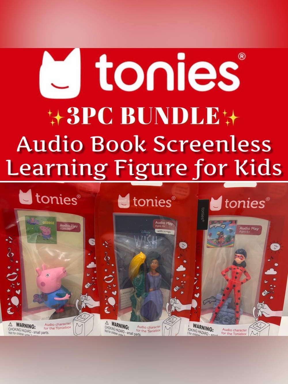 Tonies - Peppa Pig ,Disney’s WISH & Miraculous Cat Noir (3PC Bundle)